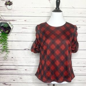 Red Plaid Ruched Sleeve Blouse Top Size Small Holiday Academia Preppy Office